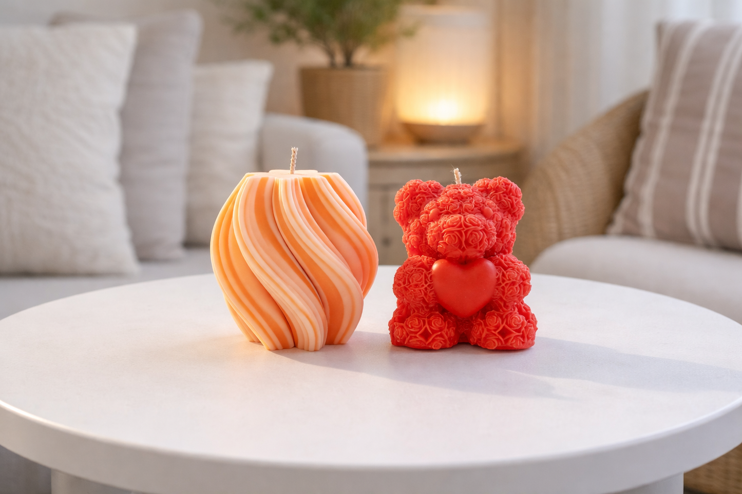 Swirl Pillar & Rose Teddy Bear Candle Combo | Decorative & Gift Candles