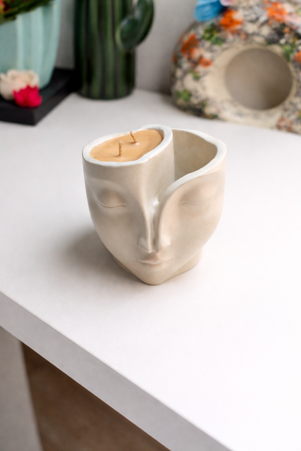Abstract Face Concrete Jar Candle | Reusable Home Décor Soy Wax Candle