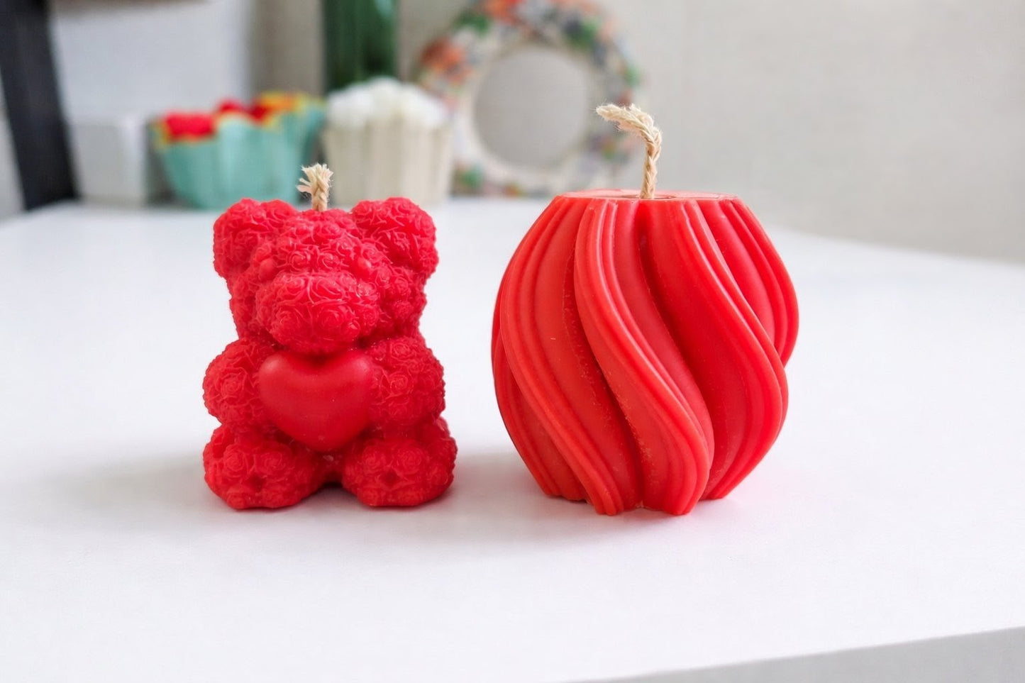 Swirl Pillar & Rose Teddy Bear Candle Combo | Decorative & Gift Candles