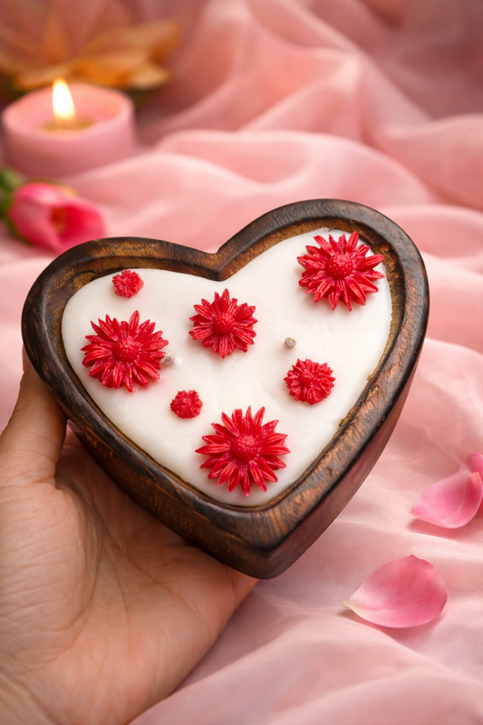 Heart Shaped Wooden Bowl Soy Candle – Romantic Floral Gift Candle