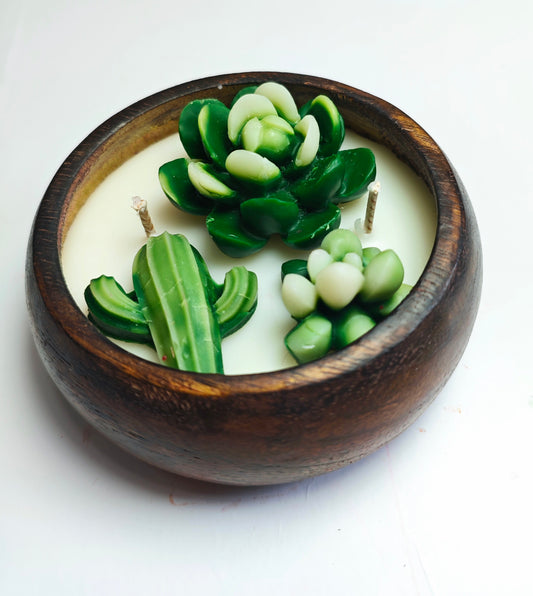 Succulent Wooden Bowl Soy Candle – Botanical Cactus Décor Candle