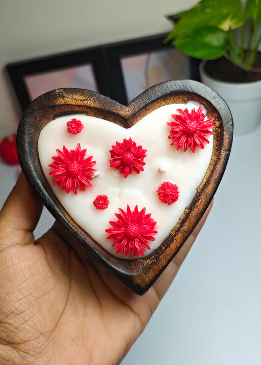 Heart Shaped Wooden Bowl Soy Candle – Romantic Floral Gift Candle