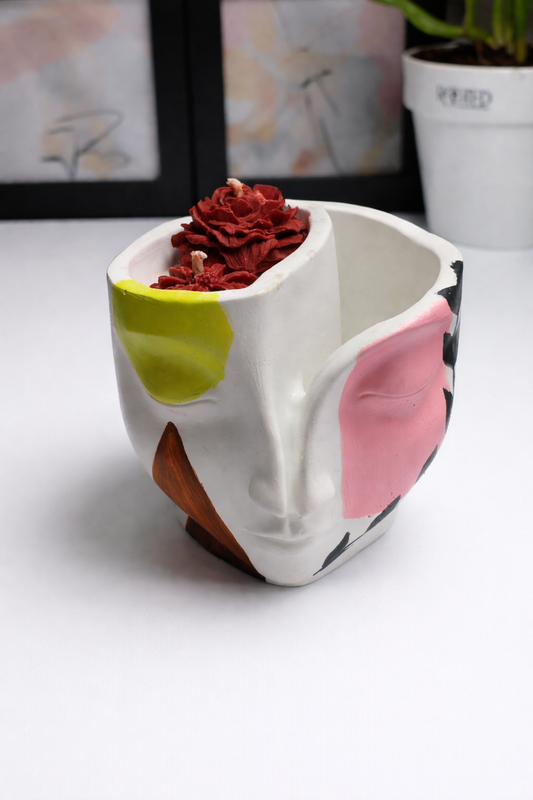 Abstract Boho art Face Concrete Jar Candle | Reusable Home Décor Soy Wax Candle