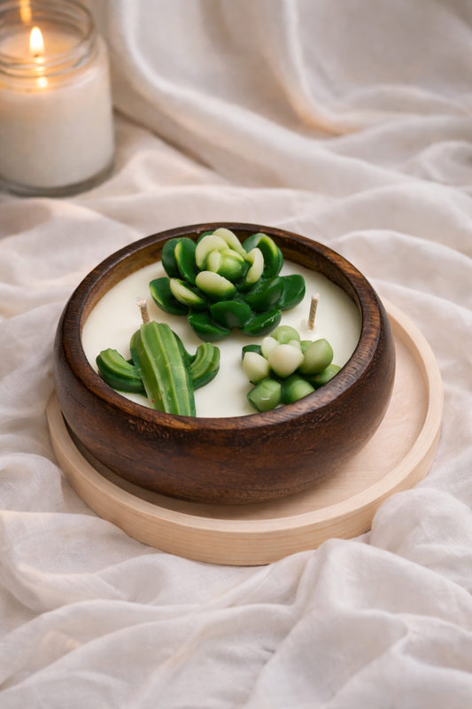 Succulent Wooden Bowl Soy Candle – Botanical Cactus Décor Candle